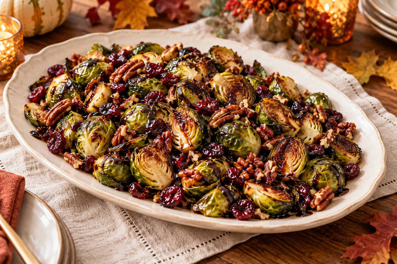 Roasted Brussels Sprouts with Cranberries and Pecans served for Thanksgiving