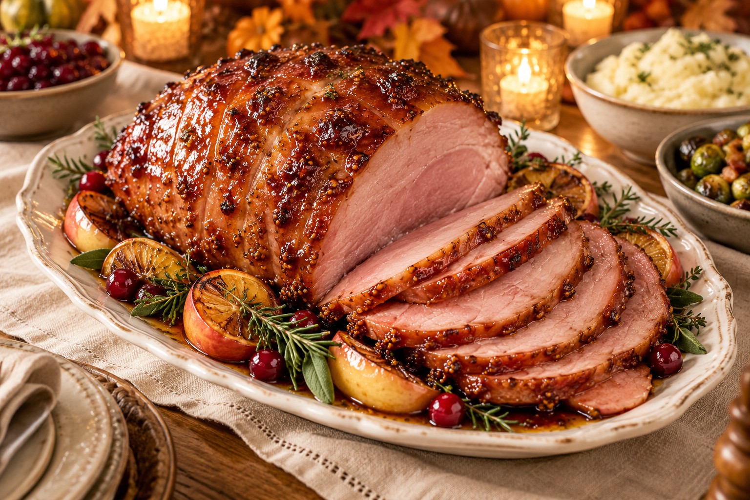 Maple-Dijon Glazed Ham on a festive autumn table