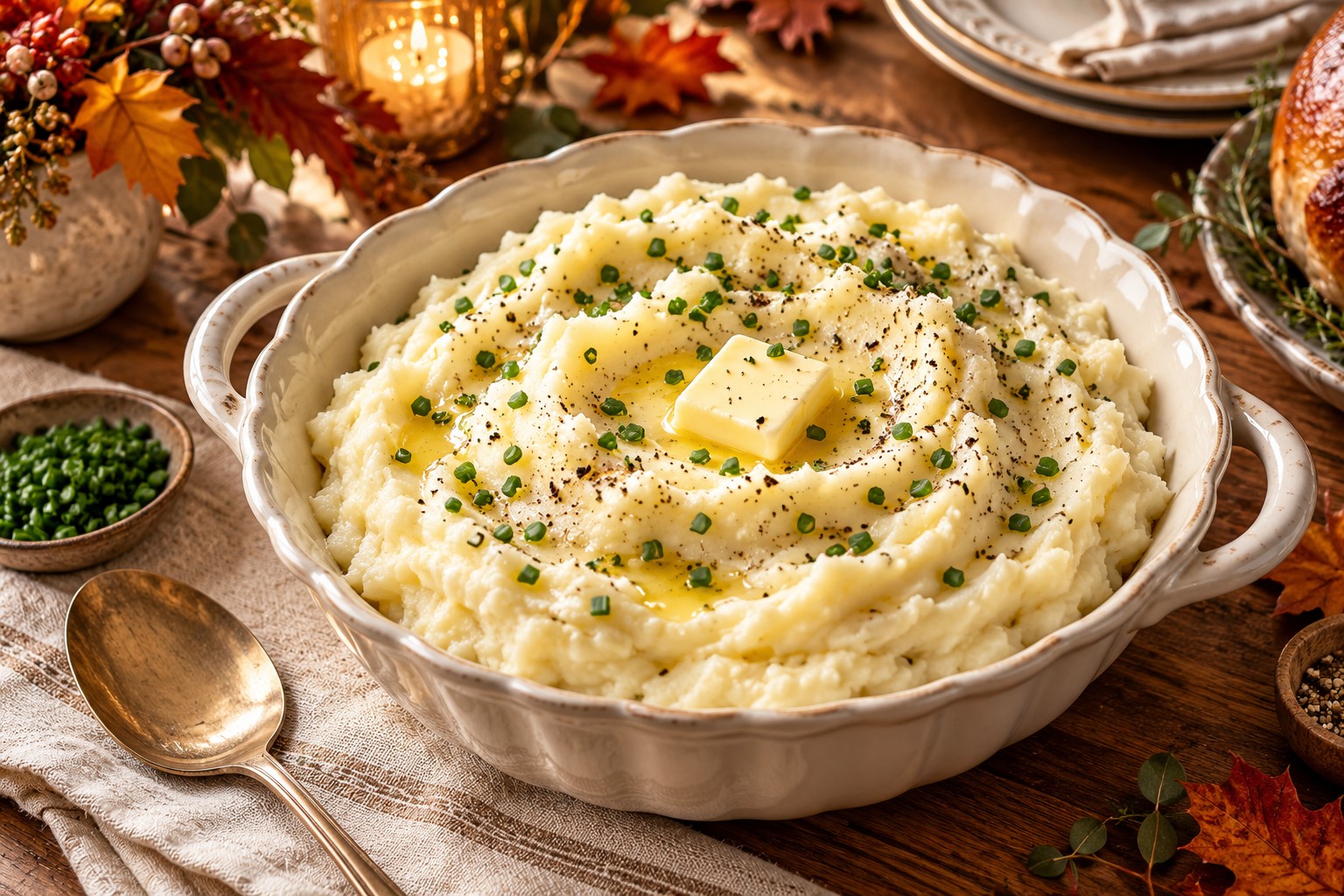 Creamy Garlic Mashed Potatoes served for Thanksgiving