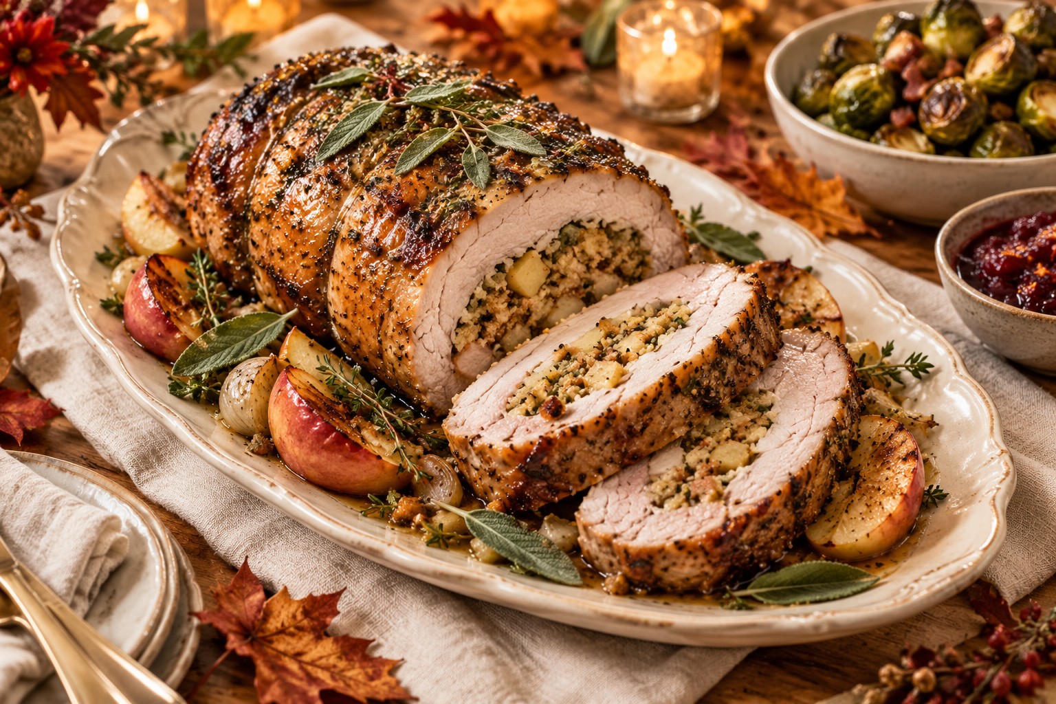 Apple and Sage Stuffed Pork Loin on a festive autumn table