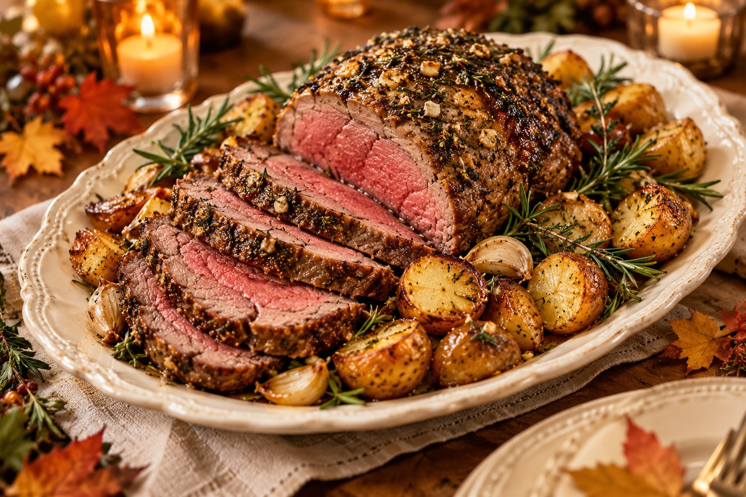 Garlic and Rosemary Roast Beef on a festive autumn table