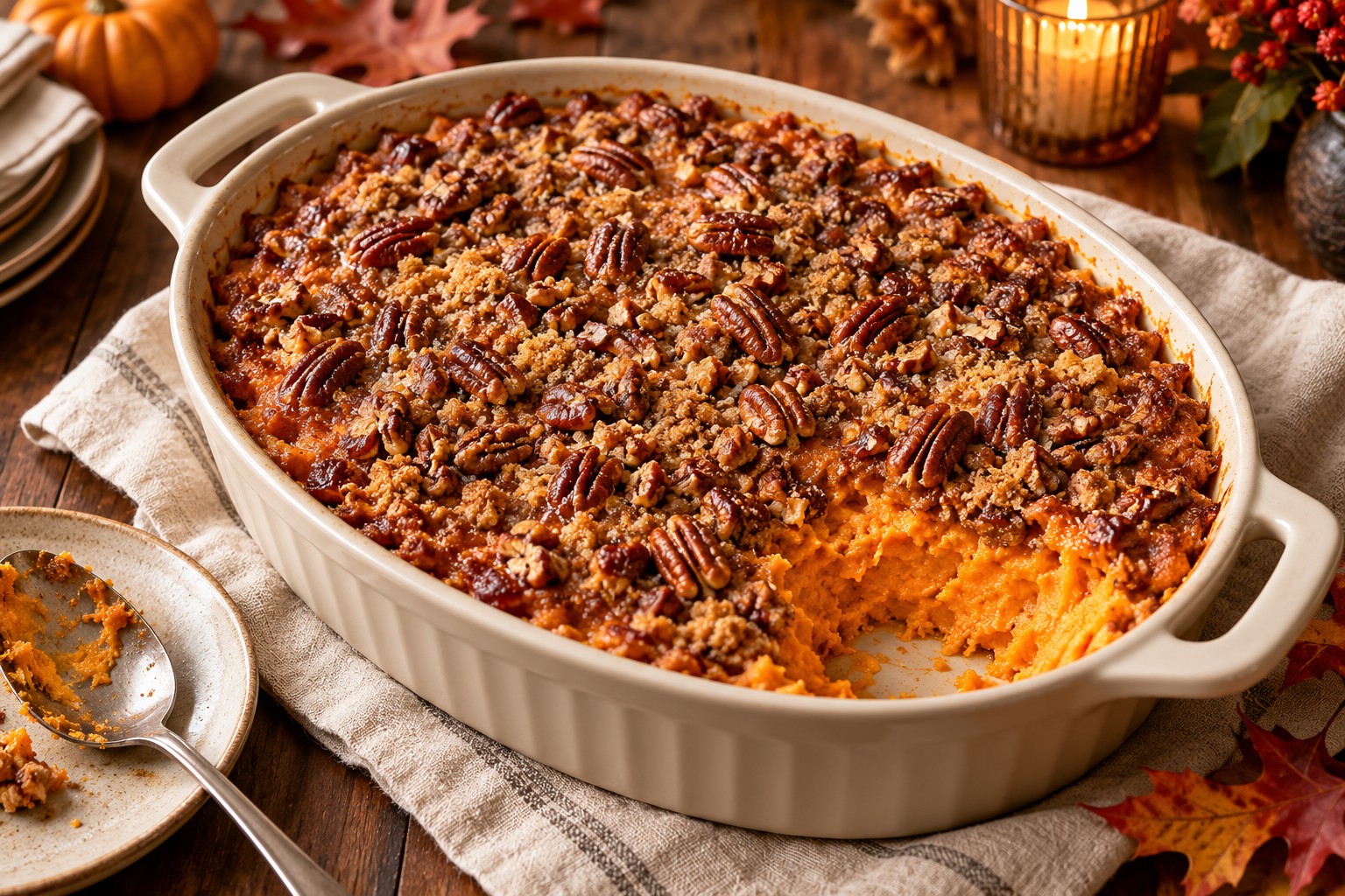 Sweet Potato Casserole with Pecan Crumble served for Thanksgiving