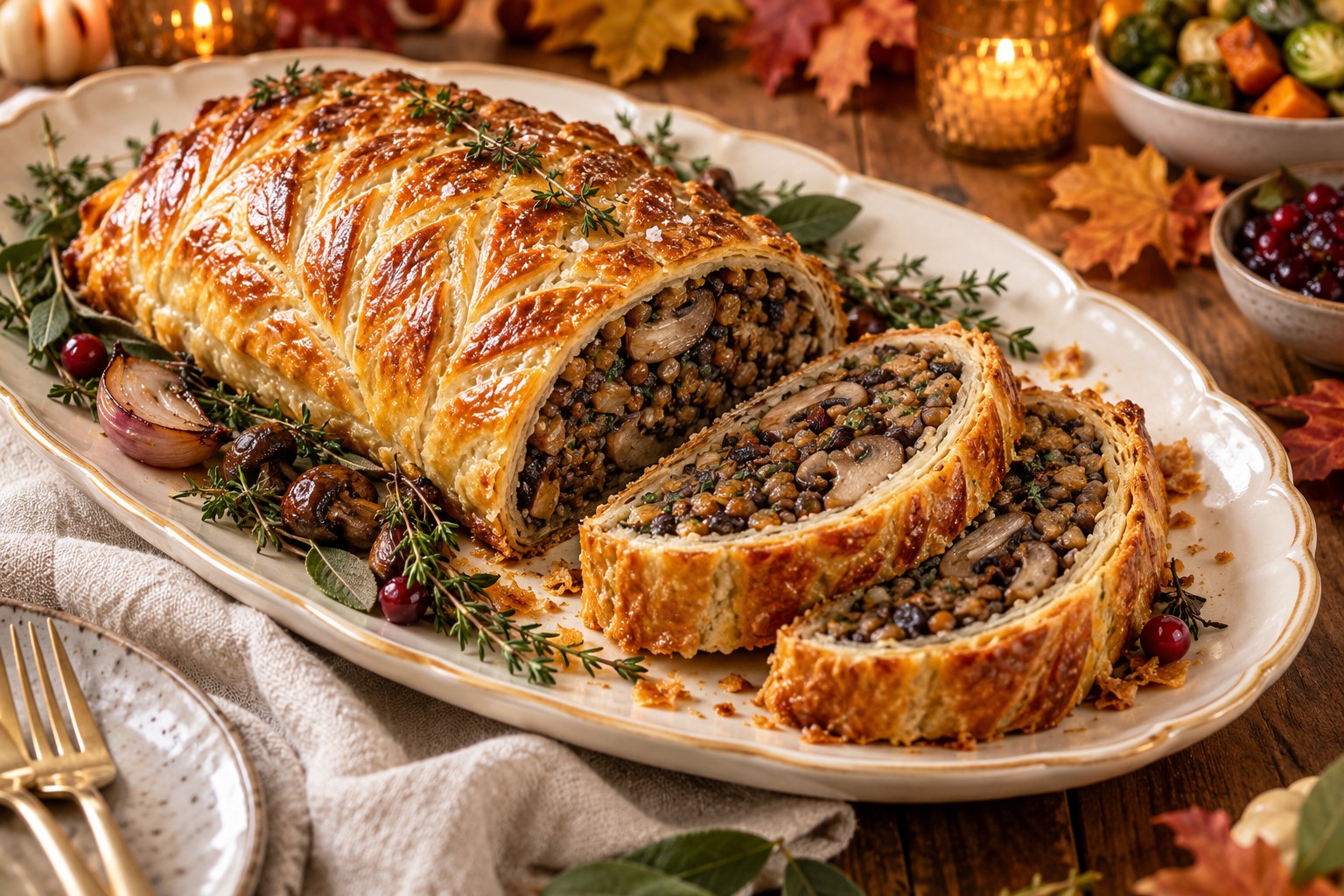 Mushroom and Lentil Wellington on a festive autumn table